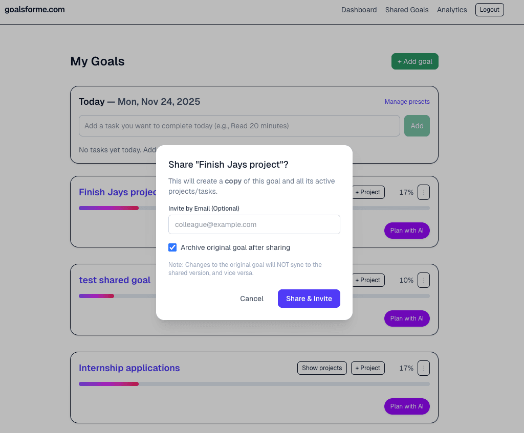 Share goal modal interface