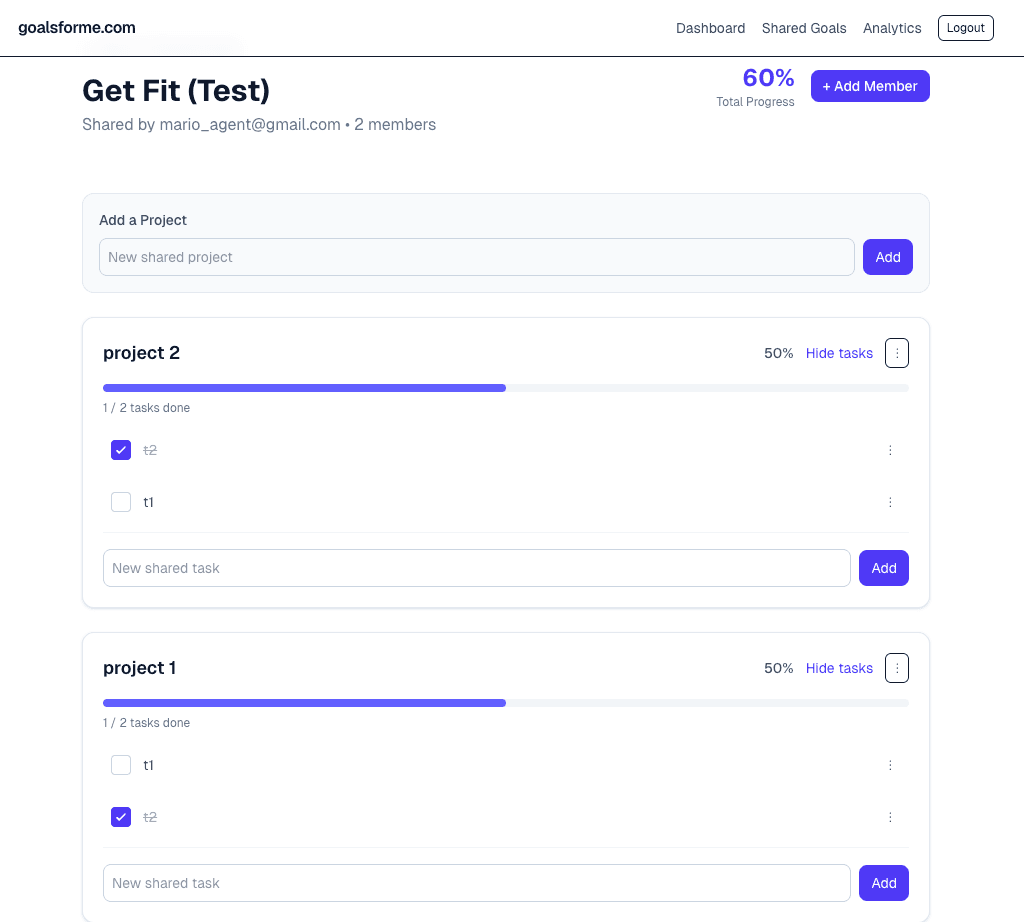 Shared goal detail page with tasks