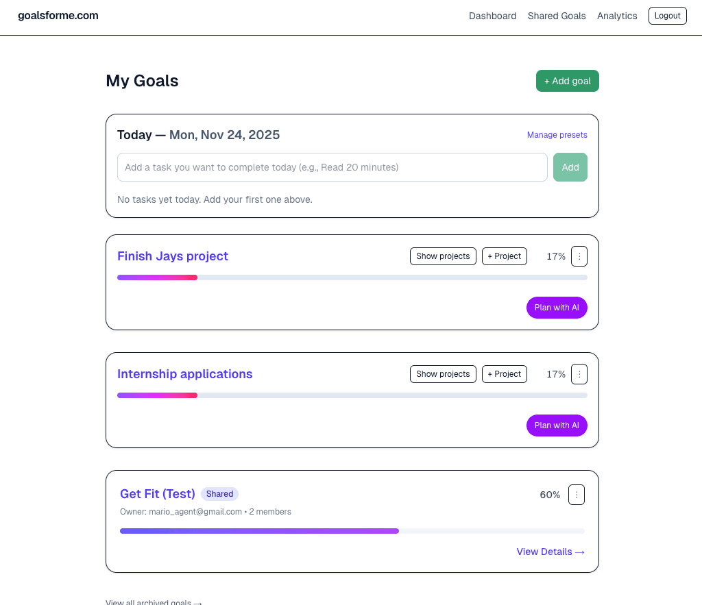 Shared goals dashboard with team progress